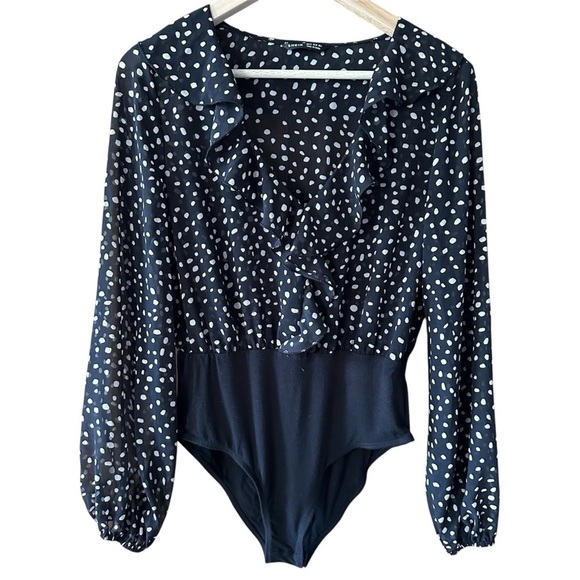 Polka Dot Bodysuit Black Cream Ruffle V Neck - Medium - Picture 1 of 7